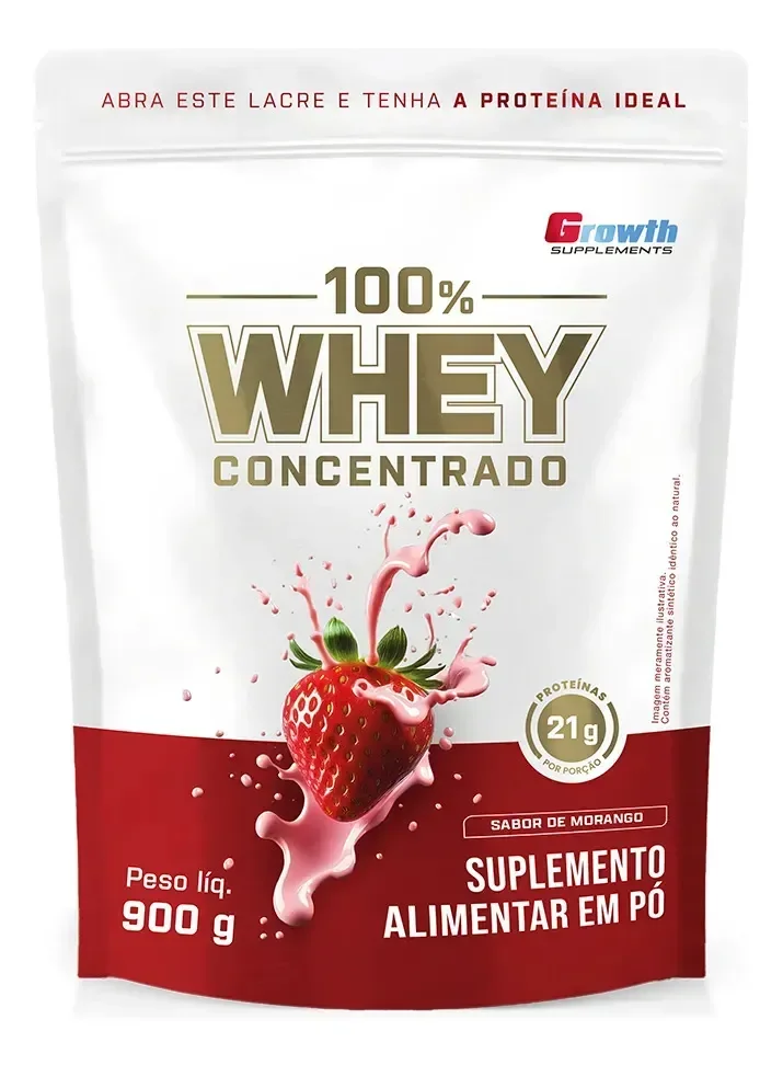 100% Whey Concentrado 900g Growth Supplements Morango