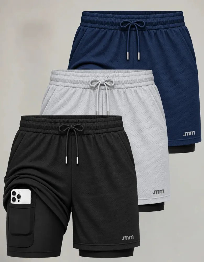 Kit 3 Bermudas 2 Em 1 Short Duplo Masculino Academia Treino