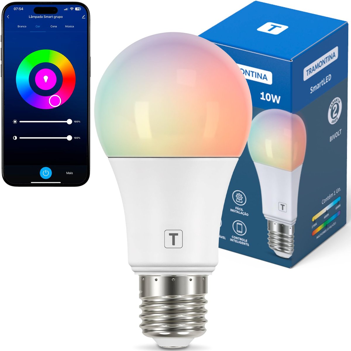 🛍️ Tramontina Lâmpada Smart​ LED Inteligente E27​ 10W Wi-Fi + Bluetooth​ 16 Milhões de Cores - Compatível com Alexa e Google Assistente