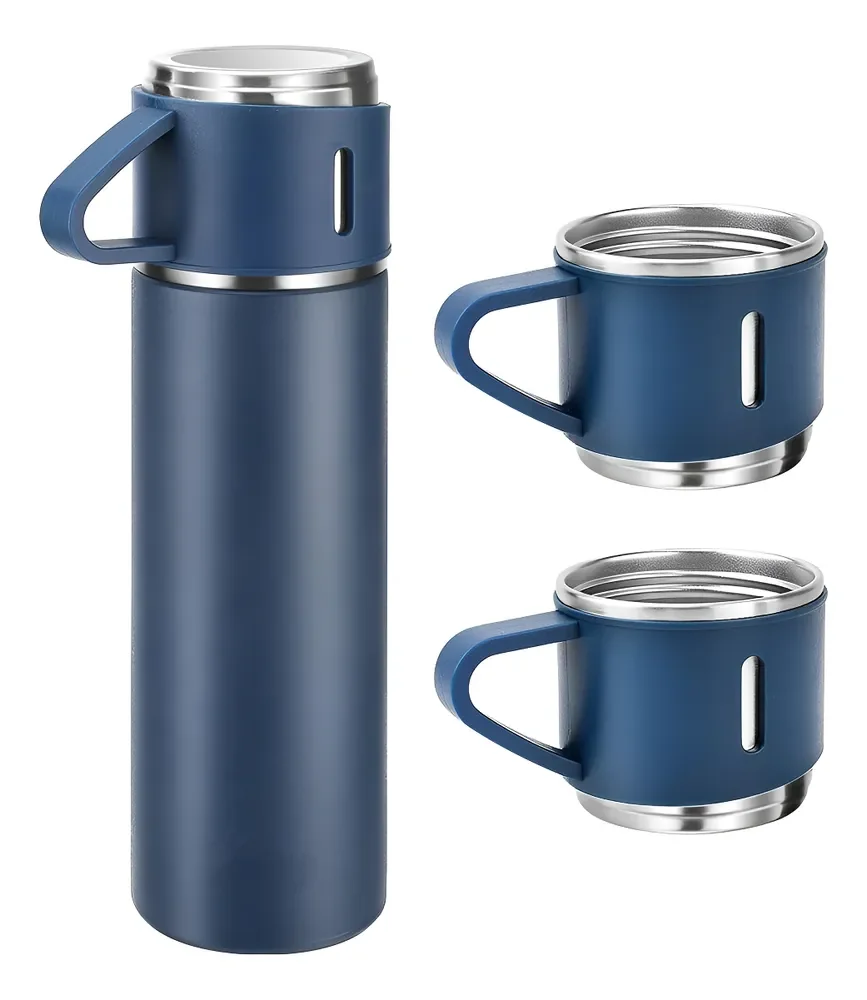 Kit Garrafa Térmica Vacuum Bottle Inox 500ml + 3 Xícaras