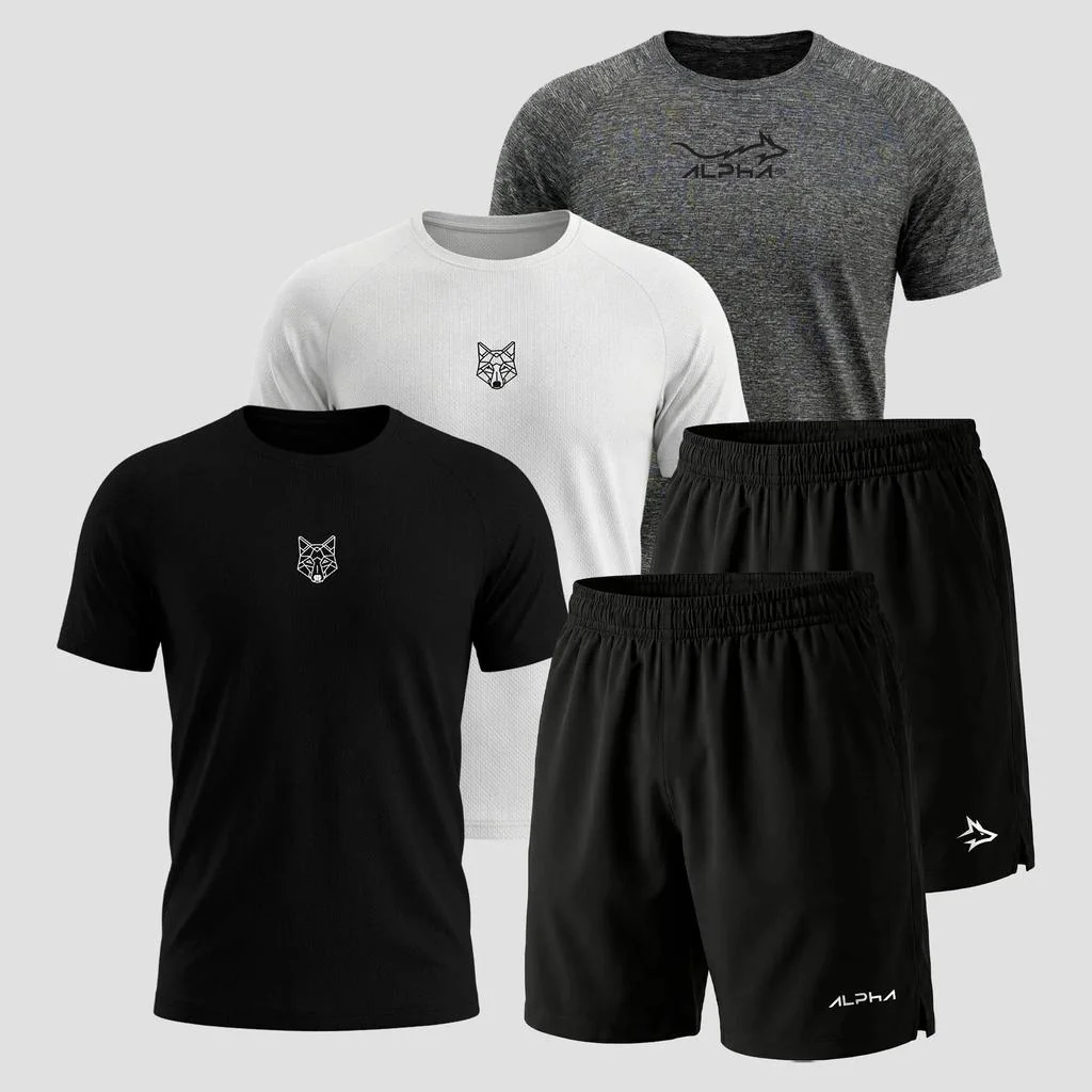Kit 5 Peças Dry Fit (3 Camisetas + 2 Bermudas) Alpha Co