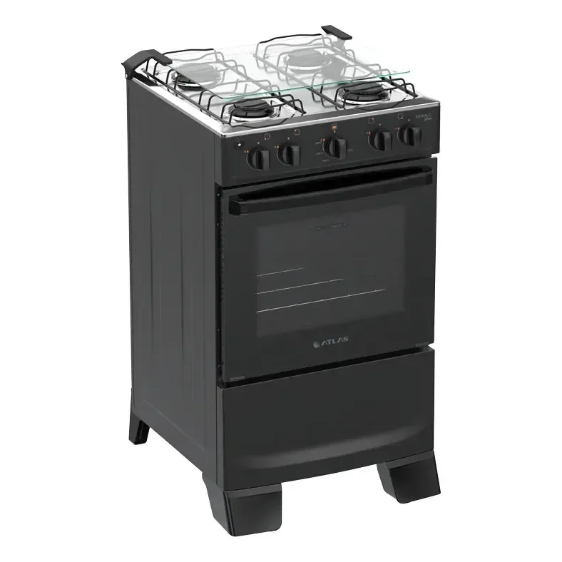 Fogão 4 Bocas Atlas Mônaco Plus Preto Com Mesa Inox E Acendimento Automático Bivolt