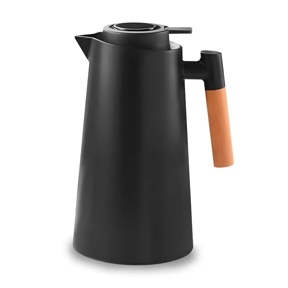 Garrafa Térmica 1L Preto Design Elegante com Cabo de Madeira