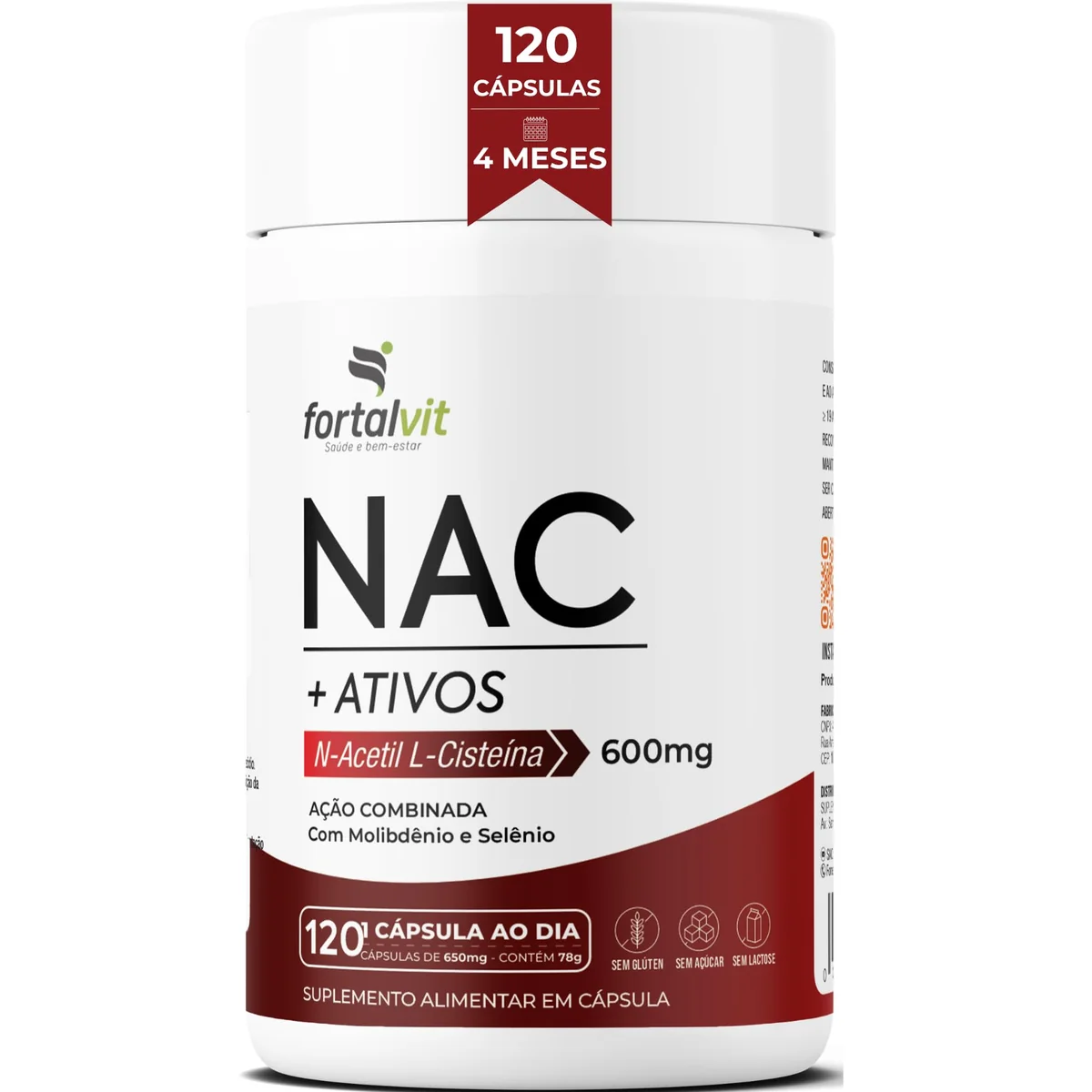 NAC 600mg 120 Cápsulas 4 Meses de Uso, Longa Duração 2x Mais, com Molibdênio e Selênio, Fortalvit