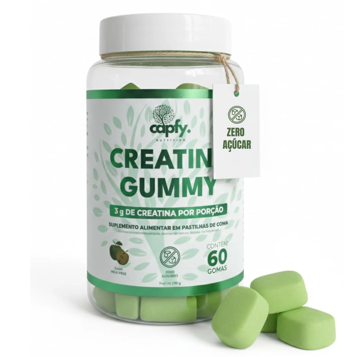 Creatina Gummy Capfy Nutrition 60 Gomas Zero Açúcar Sabor Maçã Verde 100% Pura 3g de Creatina Monohidratada por Dose