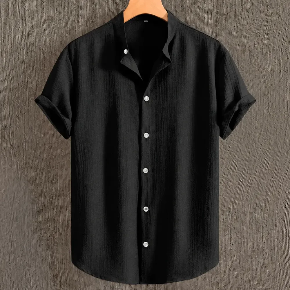 Camisa Social Slim Gola Padre Linho Masculina Manga Curta