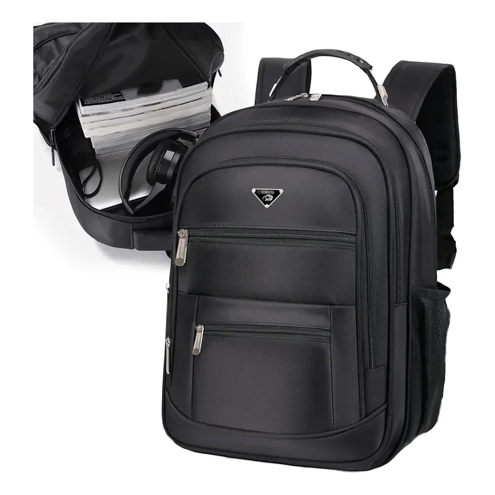Mochila Masculina Impermeável Faculdade Alça Reforçada Preto Preto Liso