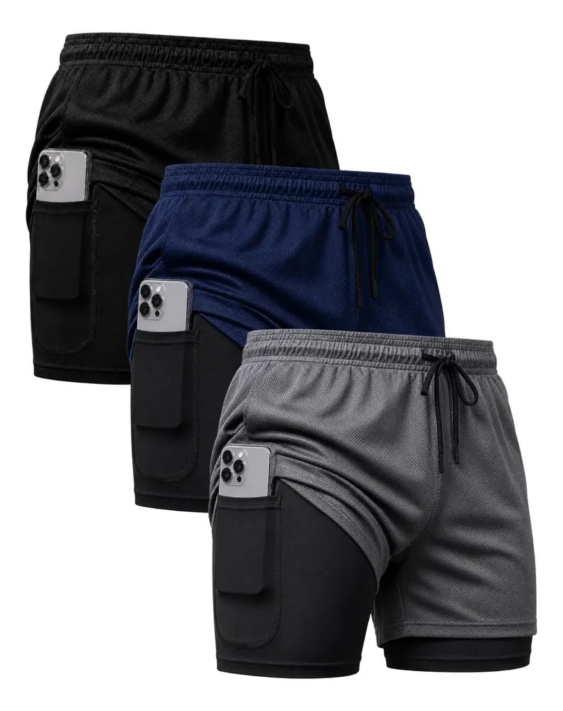Kit 3 Shorts 2em1 Duplo Dryfit Masculino Compressao Bolso