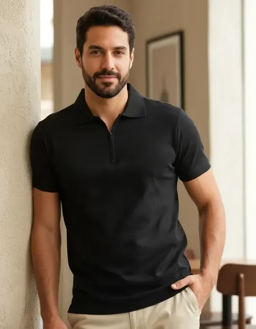 Camisa Polo Masculina Anistia Zíper Slim Algodão Elastano
