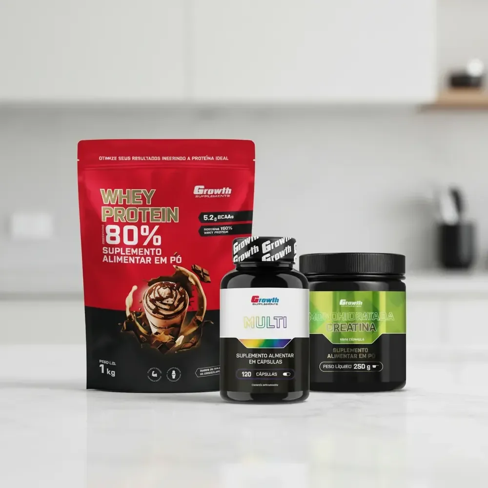 ✨Kit Growth: Whey Protein Milkshake Chocolate 1kg + Multivitamínico 120 Cáps + Creatina 250g✨️