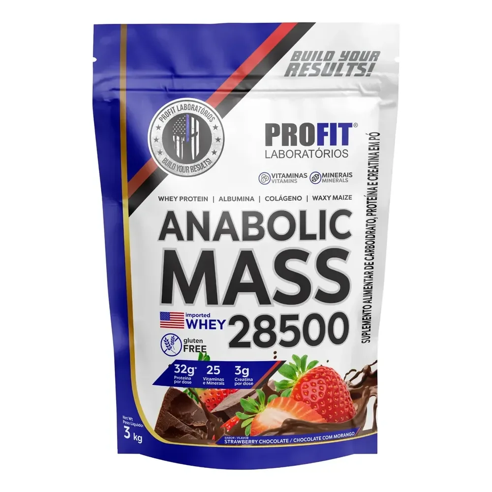 Hipercalórico Anabolic Mass 28500 - 3kg - Profit Labs Sabor Chocolate com Morango