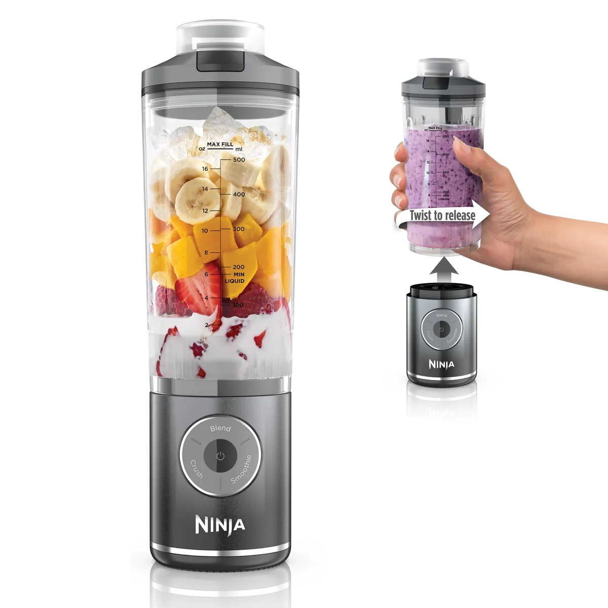 Ninja Blast Max, liquidificador portátil e pessoal + Twist & Go, Smoothie, Blend, Ice Crush, 3 programas, sem fio, recipiente removível de 650 ml, lavável na lava-louças, à prova de vazamento, cinza