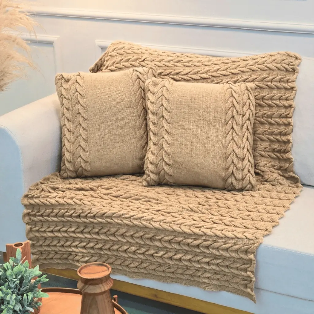 ✨Kit Manta de Tricot Sofá + 2 Capas de Almofadas