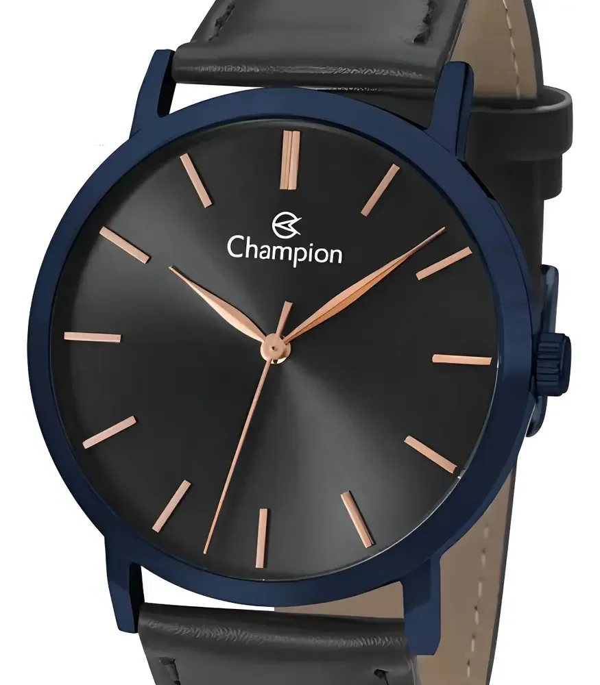 Relogio Champion Masculino Social Original Couro Preto Cor Do Bisel Azul