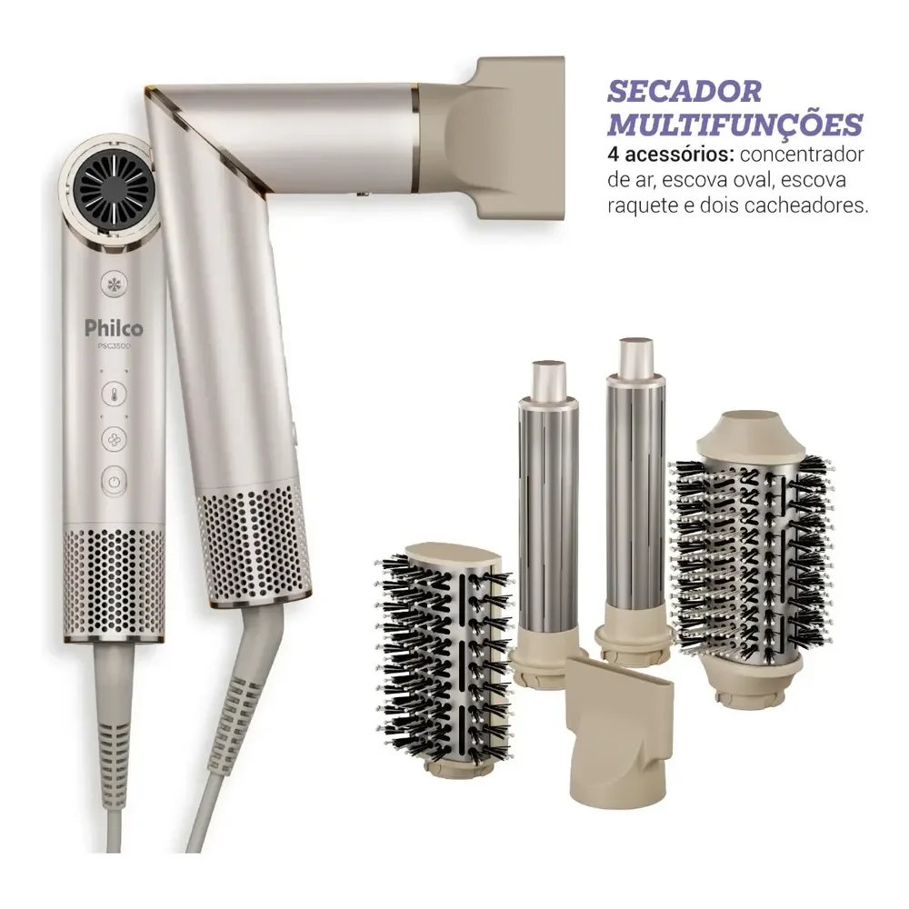 COOORRE 🆘 Secador De Cabelos Philco psc3500 4 Em 1 dobrável motor bldc Prateado Bege