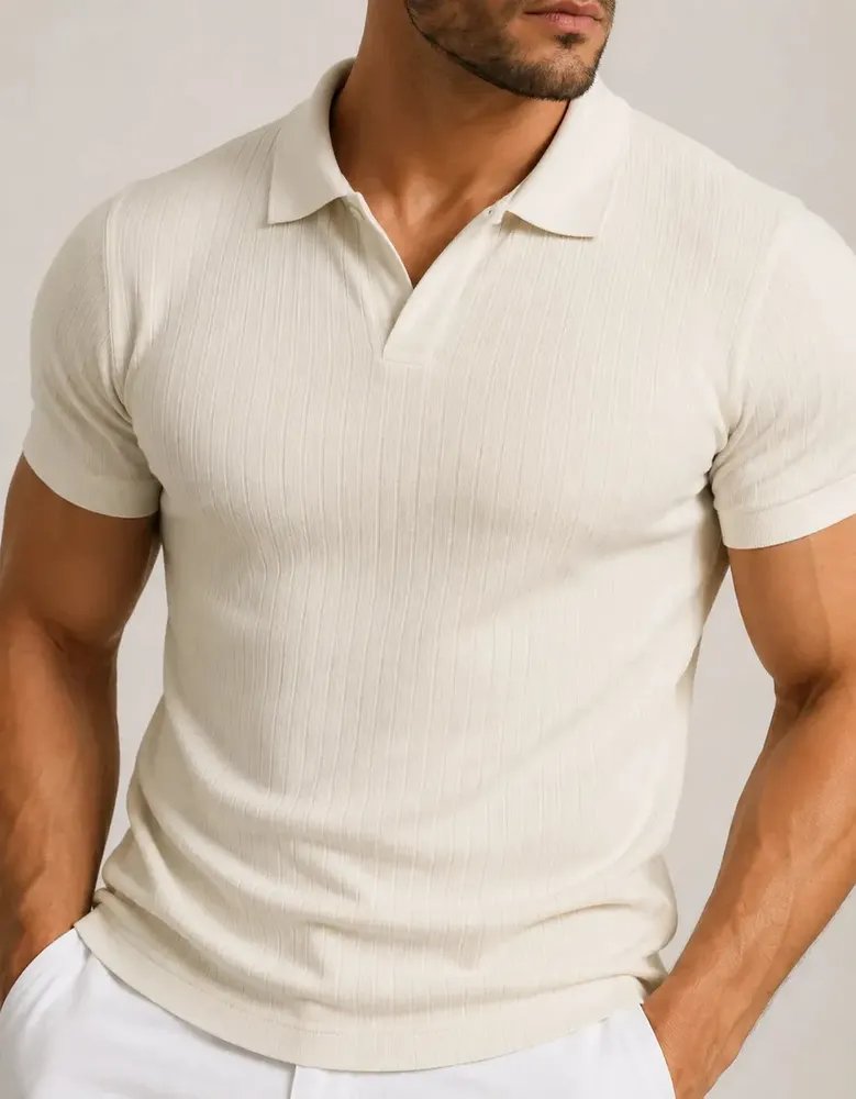 Camisa Polo Masculina Canelada Sem Botão Old Money Premium Off White (P ao GG)
