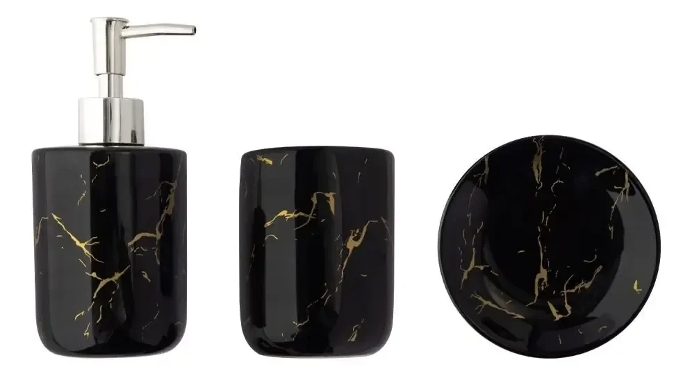Kit Banheiro Lavabo Jogo 3 Pç Sabonete Dispenser Marmorizado