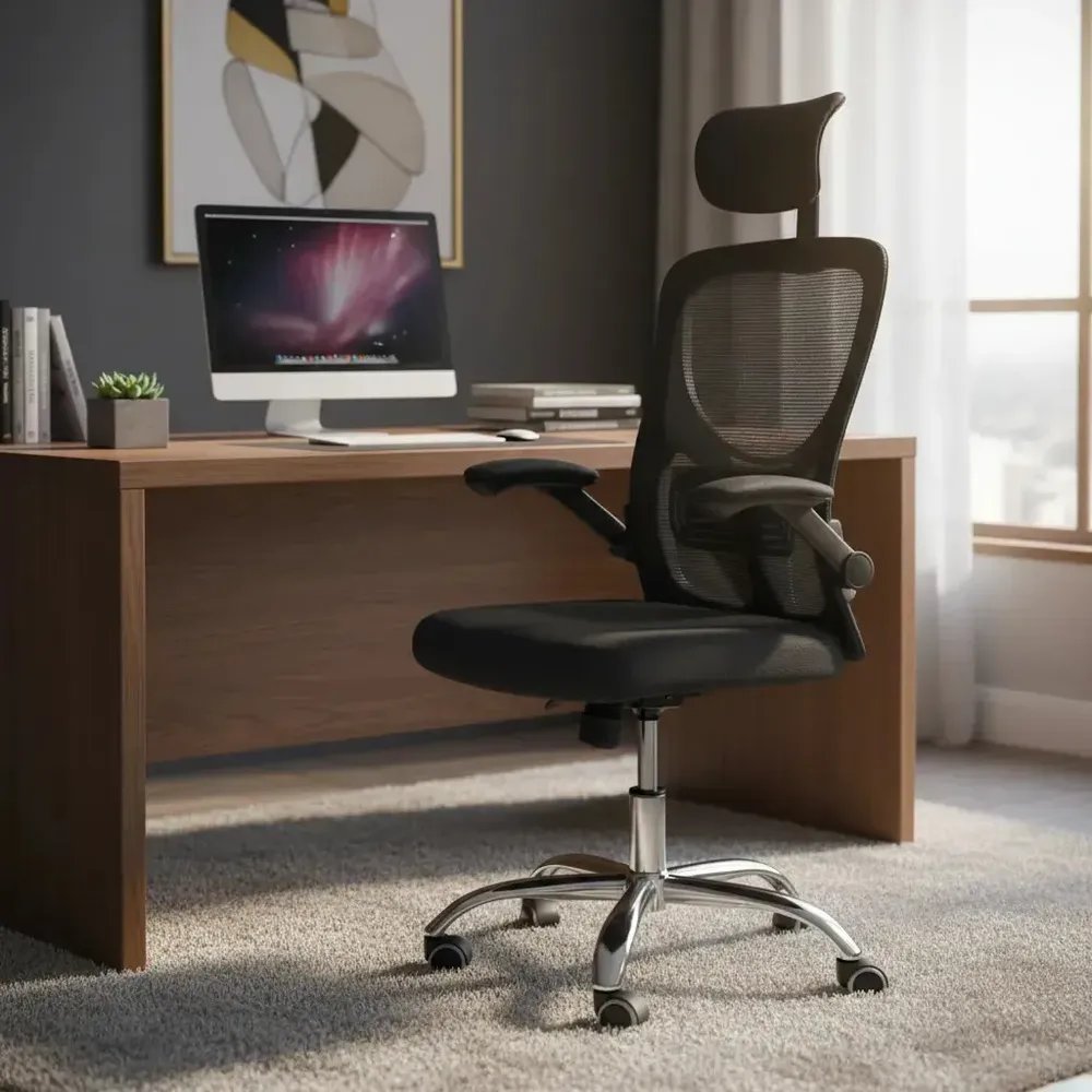 🛒Cadeira De Escritório Ergonômica Ravena Apoio Lombar E Nuca Preto Espuma, Mesh Respirável