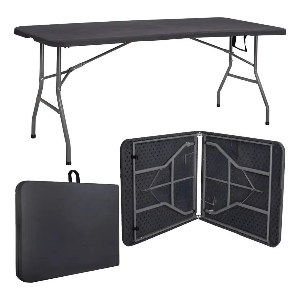 Mesa Dobrável Vira Maleta Com Alça Portátil 1.80m Para Camping Pesca Jardim Área Externa Ou Interna Salão De Festas Gourmet Cor Preto Luvinco
