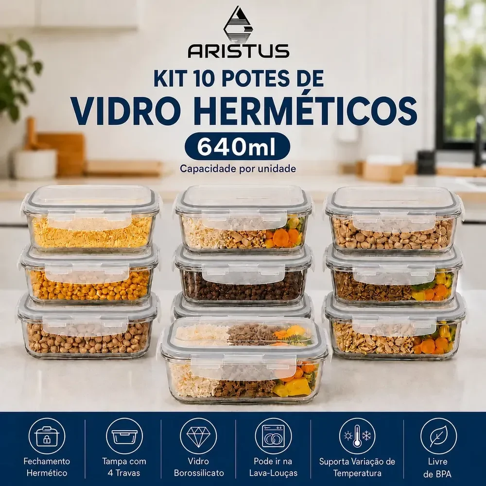 Kit com 10 Potes de Vidro Hermético 640ml