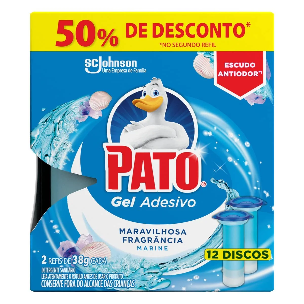 Pato Desodorizador Sanitário Gel Adesivo 2 Refis Marine, 12 Discos