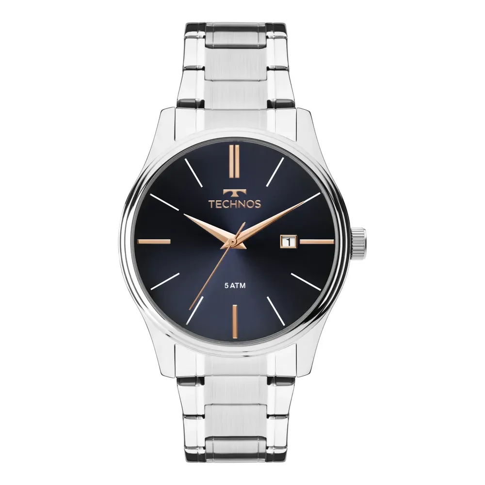 ⚫️ Relógio Technos Masculino Steel Prata Fundo Azul Original