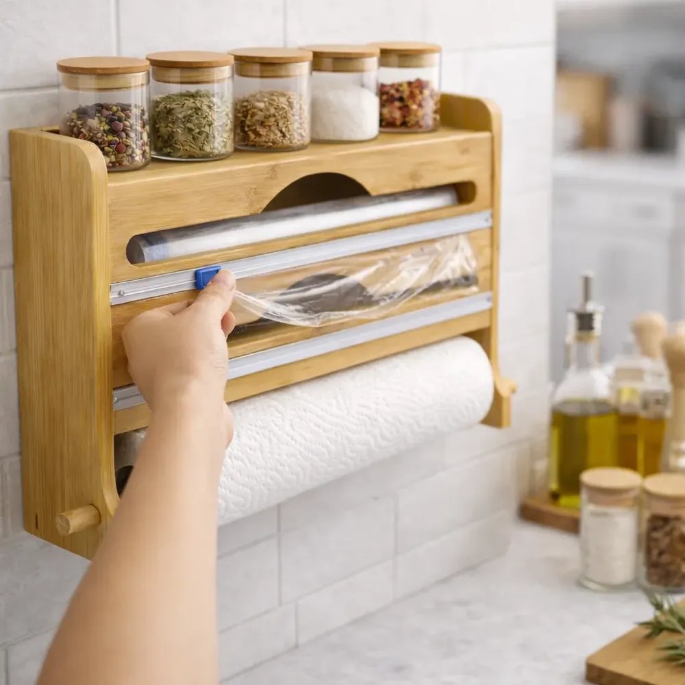 Organizador Cozinha 4 Em 1 Porta Papel Toalha Alumínio Pvc Bambu