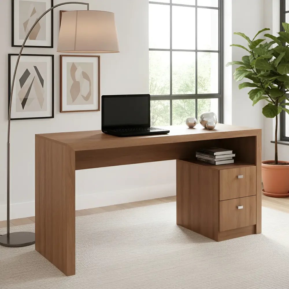 ✨Mesa Para Escritório 2 Gavetas Tecno Mobili Amendoa Bc✨️