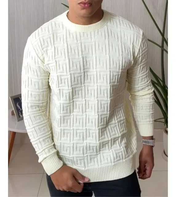 Suéter Masculino Lã Tricot Manga Longa Trabalhado