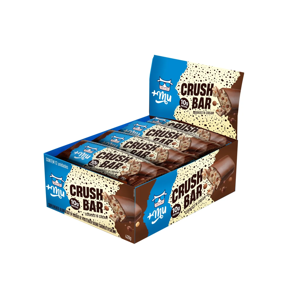✨Barra de Proteína, Mais Mu, Crushbar 2.0, Sabor Cookies, 10g de Proteína, Zero Açúcar - Display 12 Unidades✨️