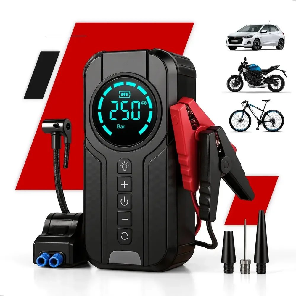 Kit Compressor de Ar Compacto 150 Psi + Auxiliar de Partida + Powerbank