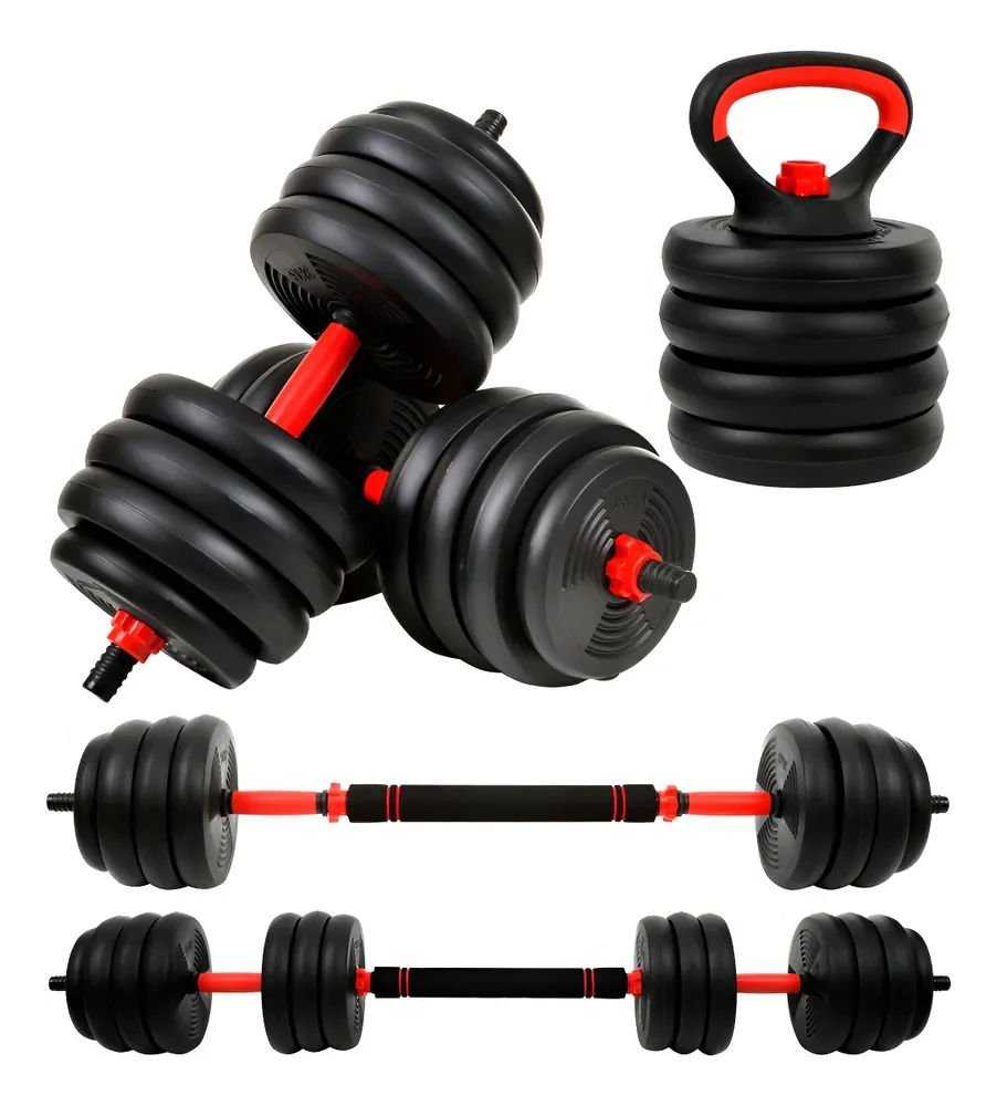 Kit Halteres Barra E Anilhas Musculação Kettlebell Ajustáveis Peso Academia 15kg