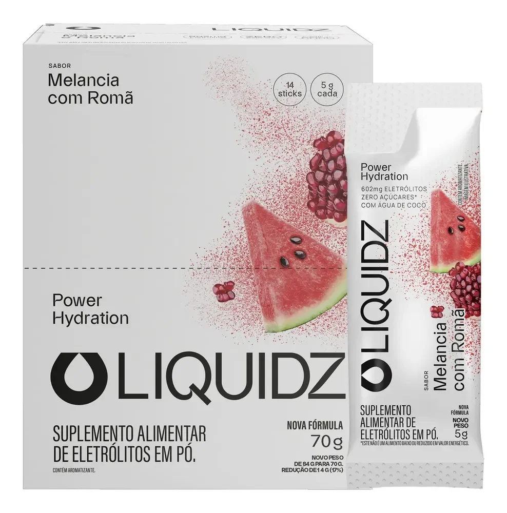 LIQUIDZ® - Eletrólitos Zero Açúcares - Sabor Melancia com Romã - Kit 1 Caixa - 14 sachês
