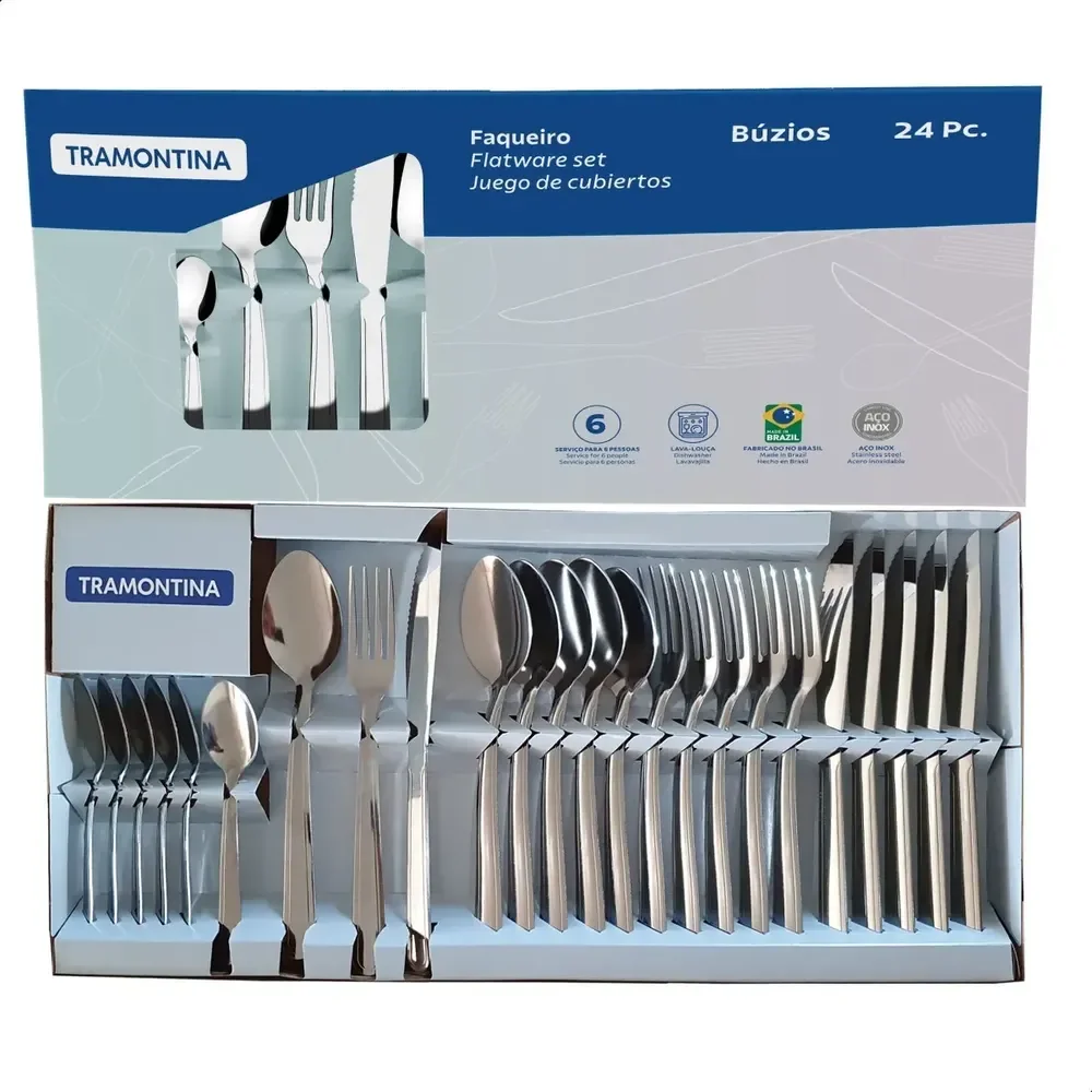 CORREEE, TRAMONTINA 🍴 Jogo Talheres Faqueiro Búzios Aço Inox 24 Peças Tramontina Aço Inoxidável
