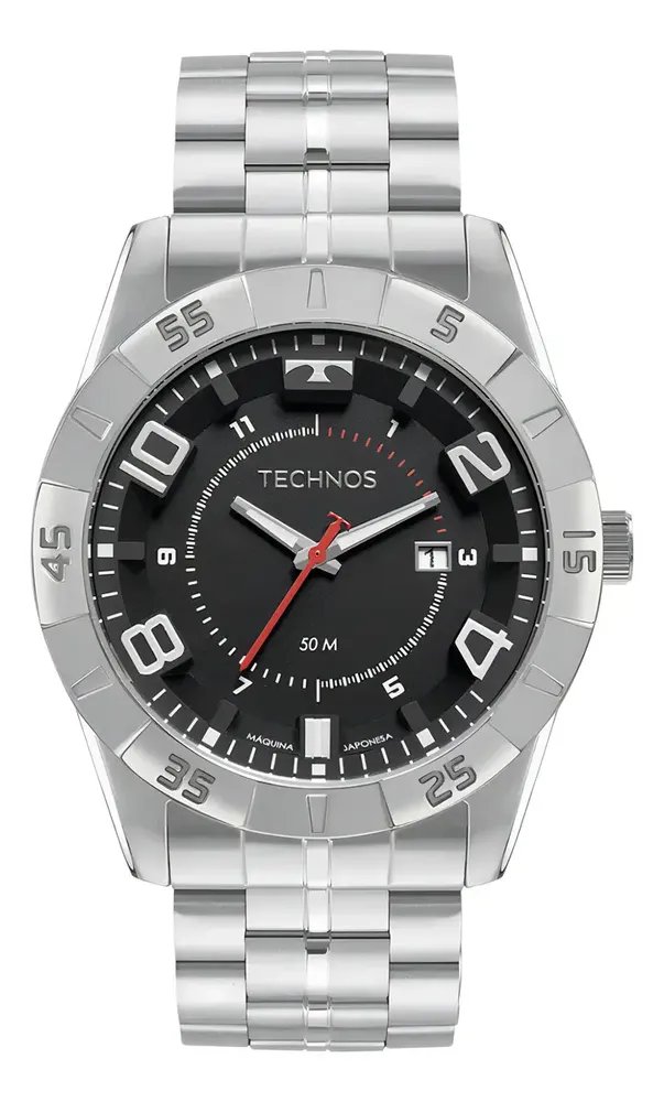Relogio Technos Racer Masculino Prateado Analogico Quartzo 50m Fundo Preto