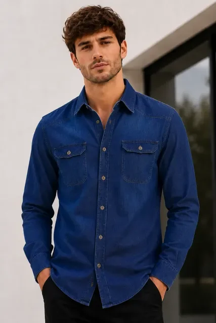 Camisa Jeans Slim Manga Longa
