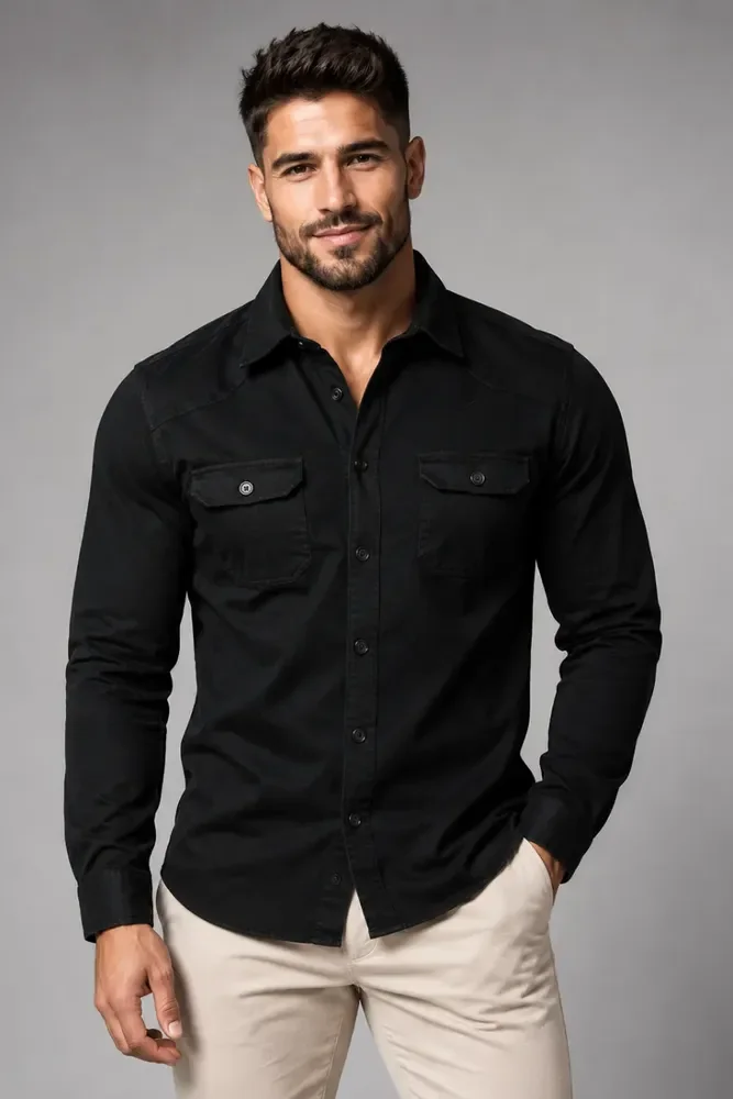⚫️ Camisa Jeans Social Masculina Slim Manga Longa