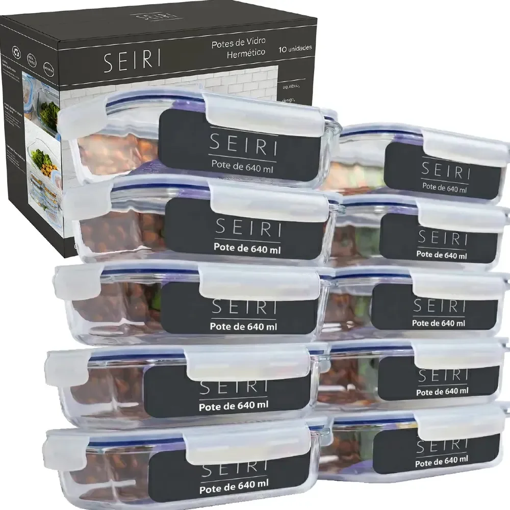 Kit 10 Potes De Vidro Marmita Hermético 640ml Freezer Borossilicato 4 Travas ​