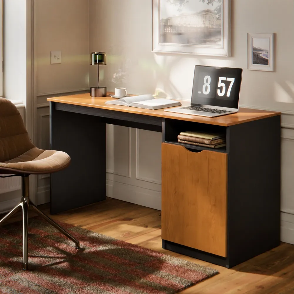 Escrivaninha Maxi do Brasil 115cm Nature Preto Canela Com Porta e Nicho Para Home Office