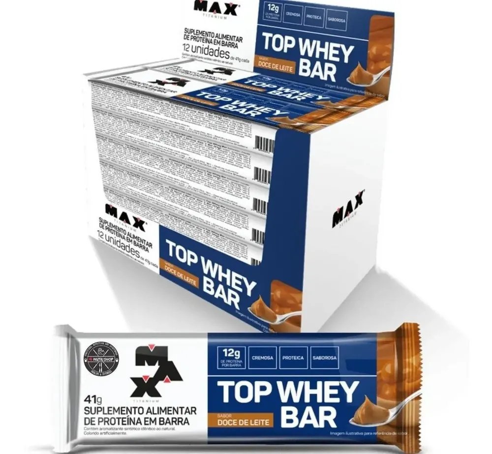 Barra De Proteina 12 Unidades Top Whey Bar Max Titanium Amendoim Alto Proteico Sabor Doce De Leite