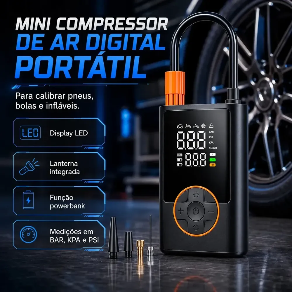 Compressor Portátil Car Air Pump Digital Com Visor Para Carro Moto Bike