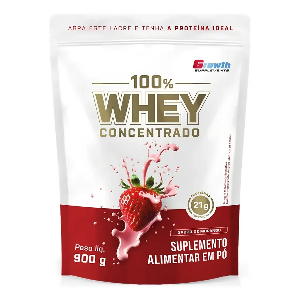 🛒100% Whey Concentrado 900g Growth Supplements Morango