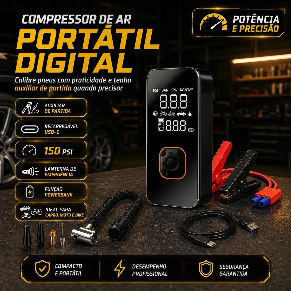 Compressor Ar Portátil Bateria Conector Veicular Bivolt 150 PSI