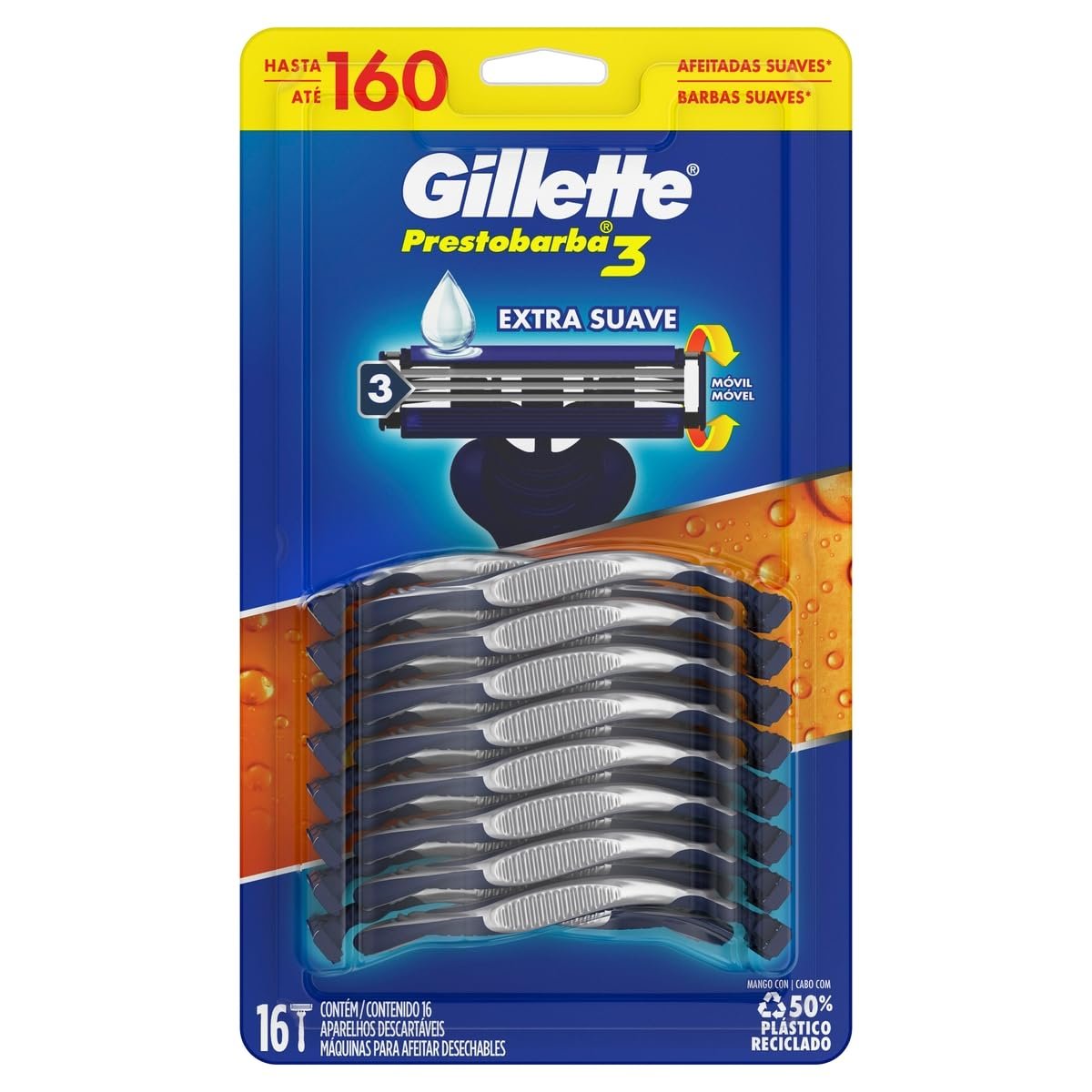 Gillette Prestobarba3 Aparelho de Barbear com 3 Lâminas, 16 Unidades