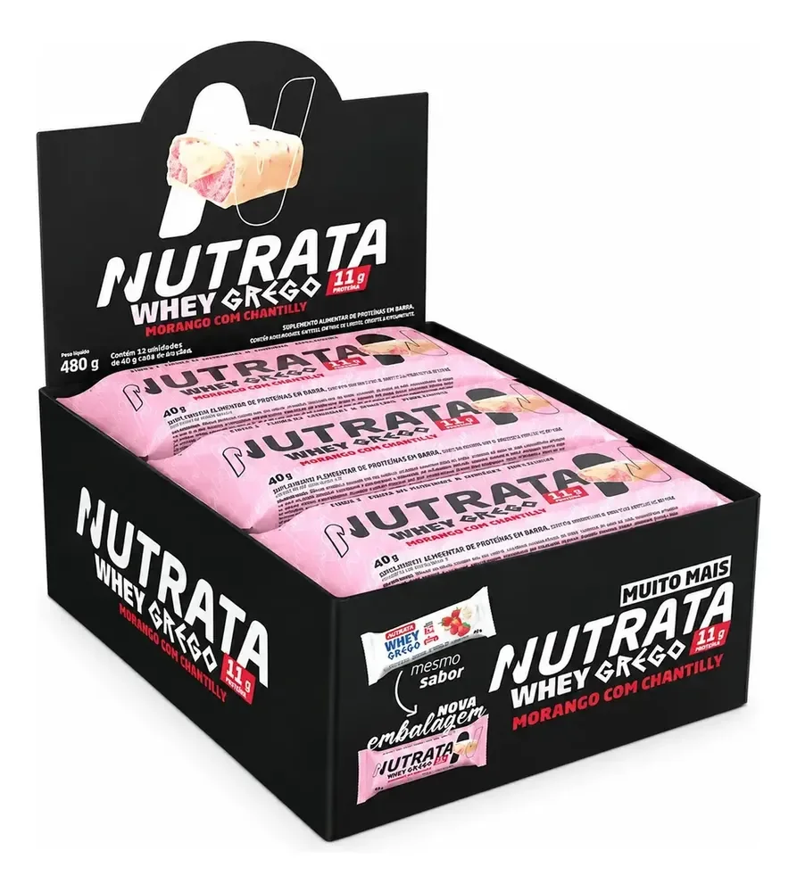 ✨Barra Whey Grego 40g Display com 12 unidades Morango com Chantilly Nutrata✨️