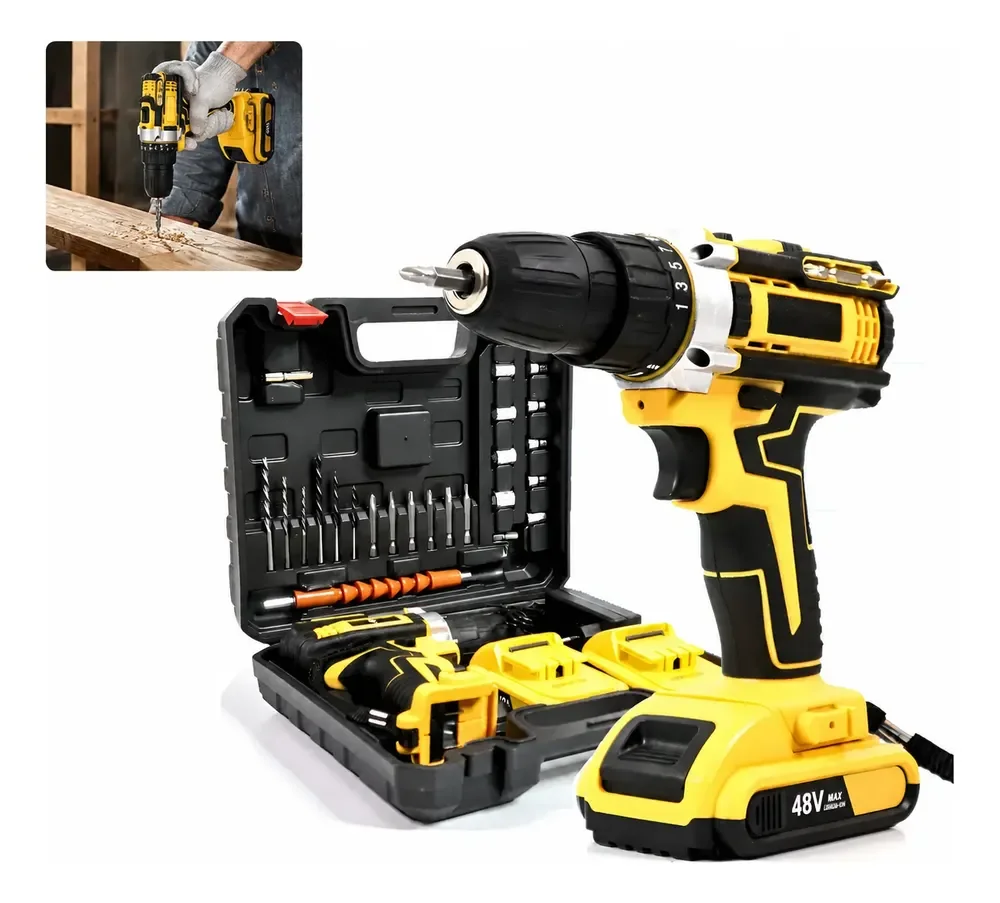 Parafusadeira Furadeira 48v Profissional 2 Baterias Sem Fio Cor Amarelo