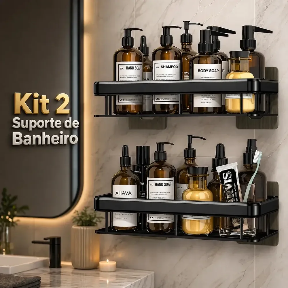 Kit 2 Suporte De Parede Porta Shampoo Banheiro Prateleira Inox Ventosa