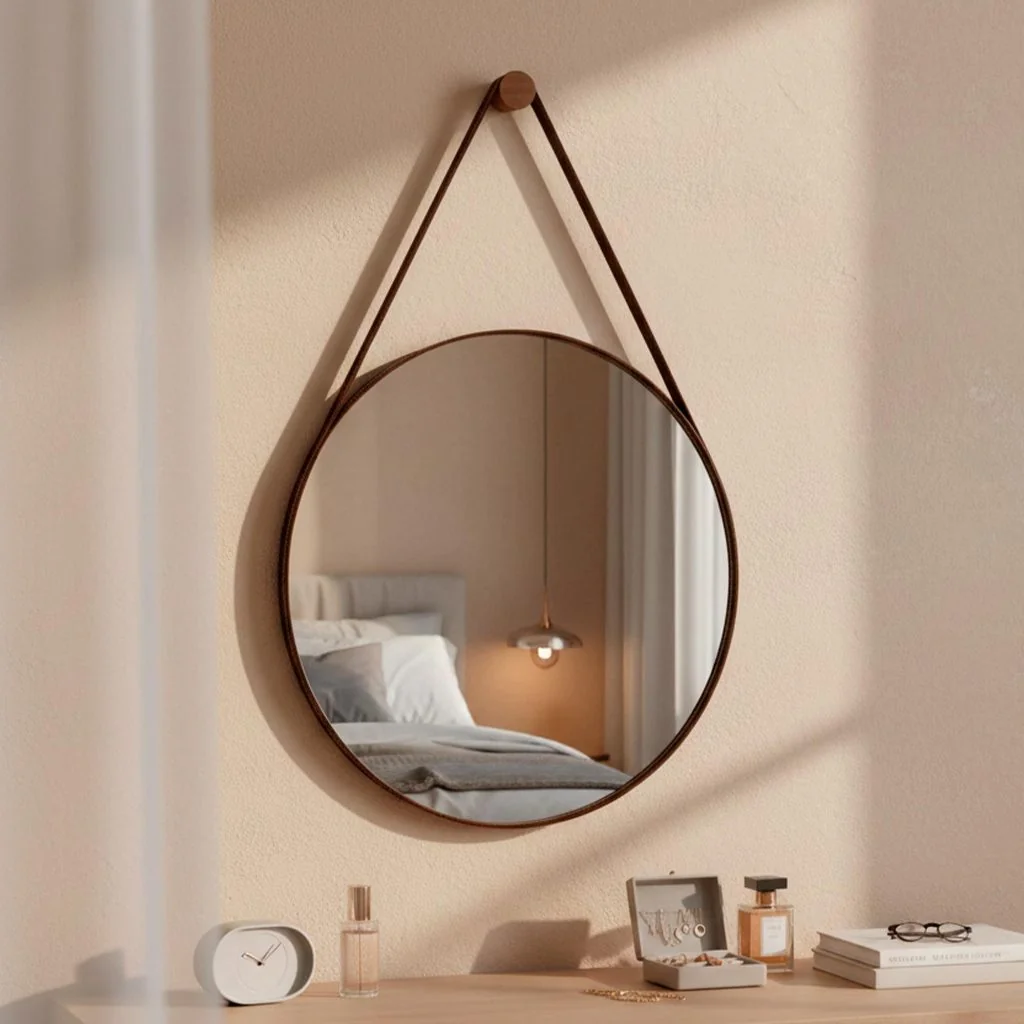 🛍️ Espelho Redondo Alça Couro 60cm Suporte De Fixação para Banheiro Sala Quarto Lavabo Minimalista