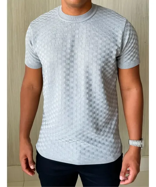 Camiseta Masculina Manga Curta Xadrez Tricô