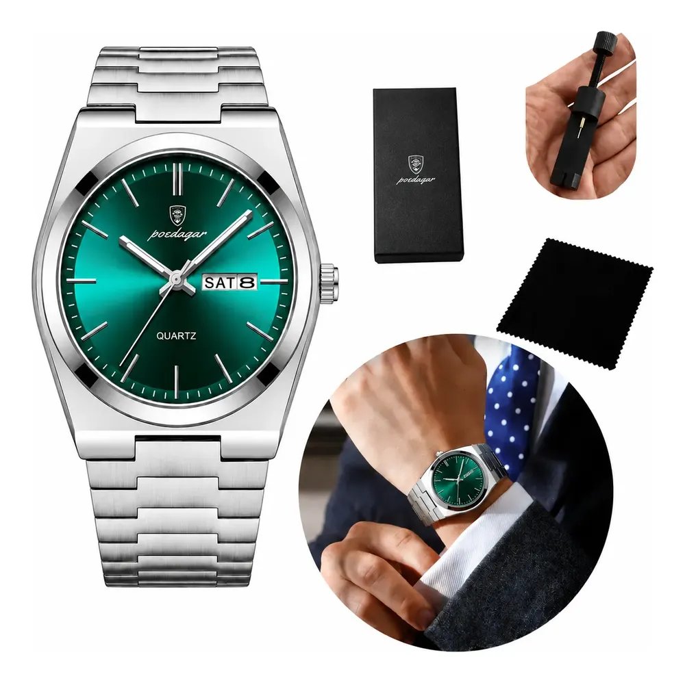 Relógio Poedagar Suiço Masculino Aço Inox Old Money C/caixa